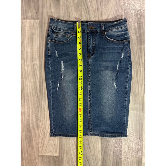 Chiqle Denim Architect Women’s Distressed Blue Denim Pencil Skirt Sz M - Picture 2 of 7